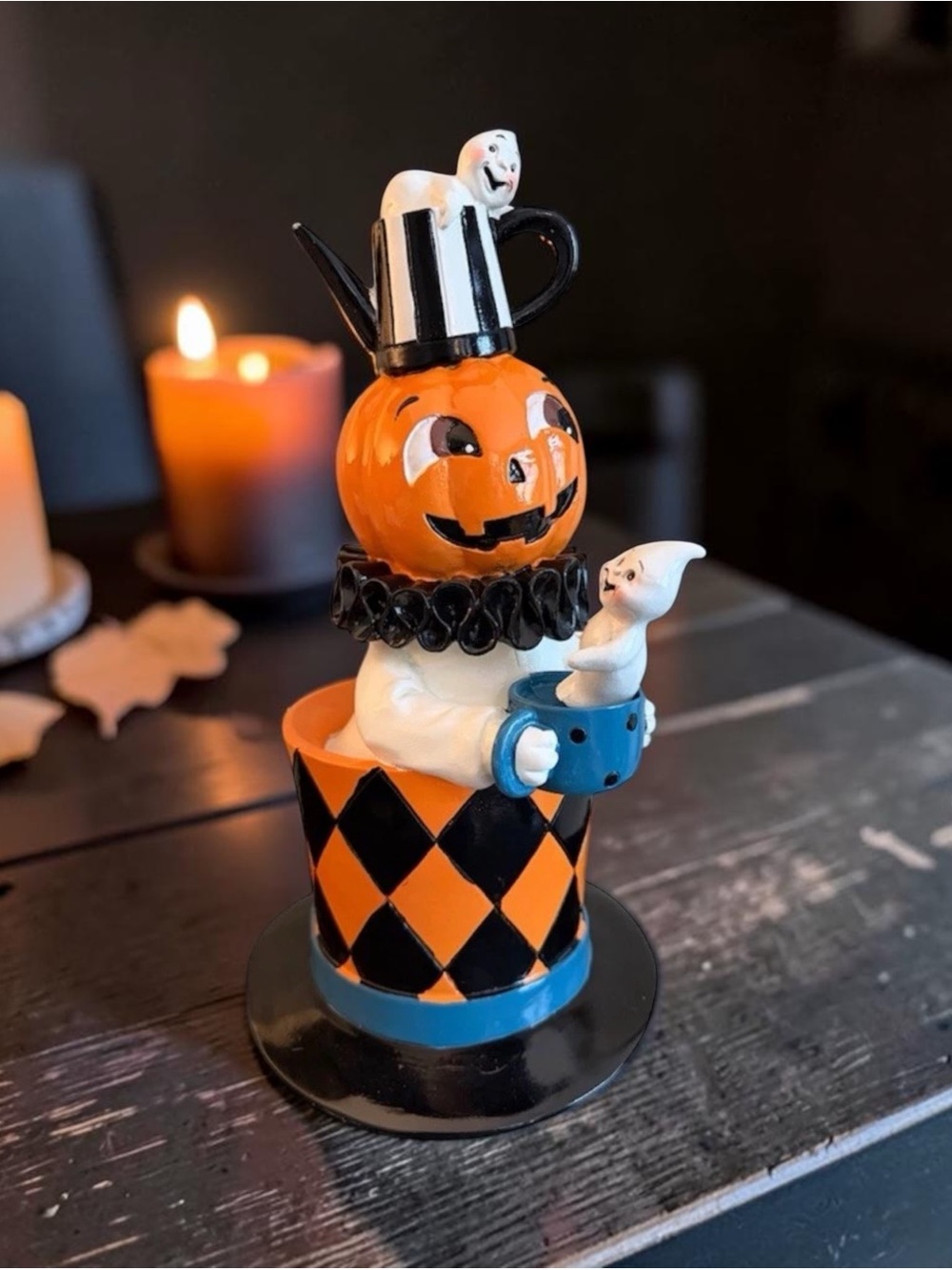 Ghoulish 12” Halloween Pumpkin Stack Ceramic Figurine - whimsical Orange & Blac